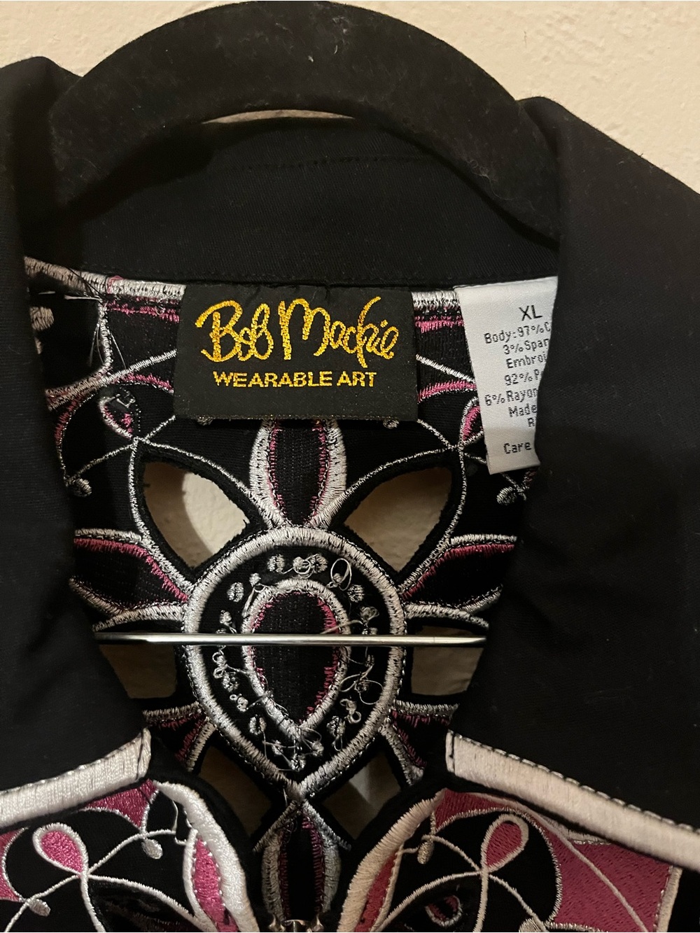 Bob Mackie Wearable Art Vintage Black Jacket with Pink and White Embroidery - Picture 3 of 4